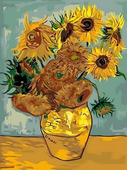 Painting of sunflowers in a vase with a textured background. Van Gogh - Sunflowers - Diamond painting