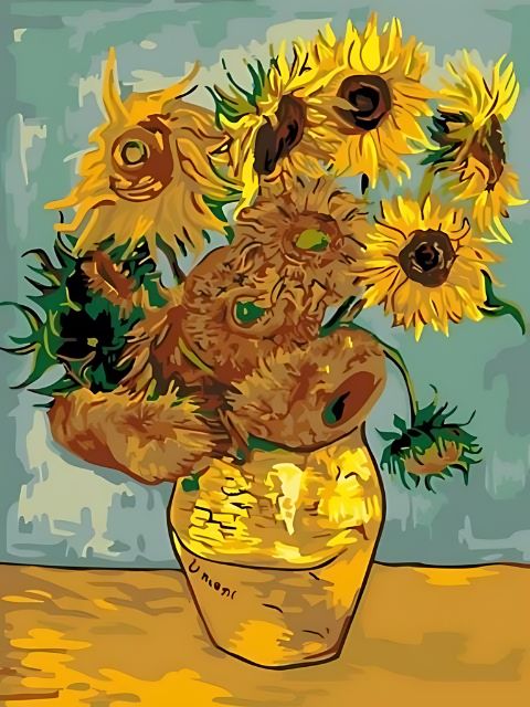 Painting of sunflowers in a vase with a textured background. Van Gogh - Sunflowers - Diamond painting