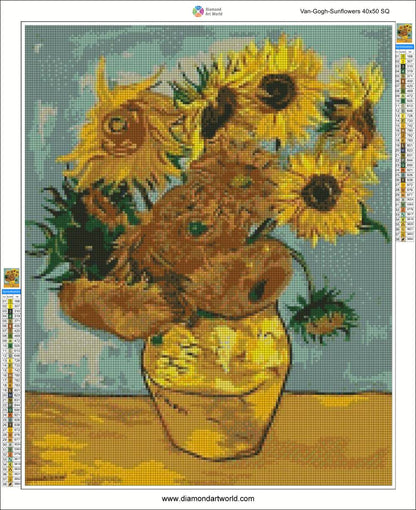 Diamond painting layout of Van Gogh's Sunflowers.