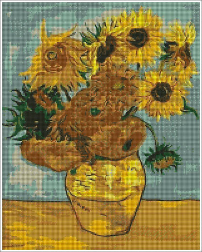 Diamond painting of sunflowers in a vase on a textured fabric background. Van Gogh - Sunflowers - Diamond art