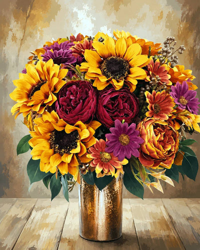 A vibrant autumn floral arrangement featuring yellow sunflowers, deep burgundy peonies, purple daisies, and orange chrysanthemums in a metallic copper vase, set against a rustic textured background. Vase Full of Flowers - Diamond Painting
