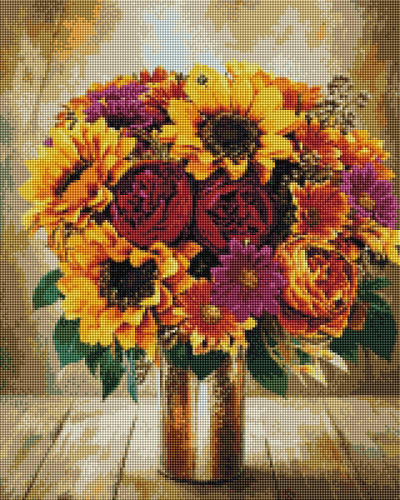 A vibrant floral bouquet featuring yellow sunflowers, deep red roses, and purple daisies arranged in a shiny gold-colored metal vase on a rustic wooden surface. Vase Full of Flowers - Diamond Painting