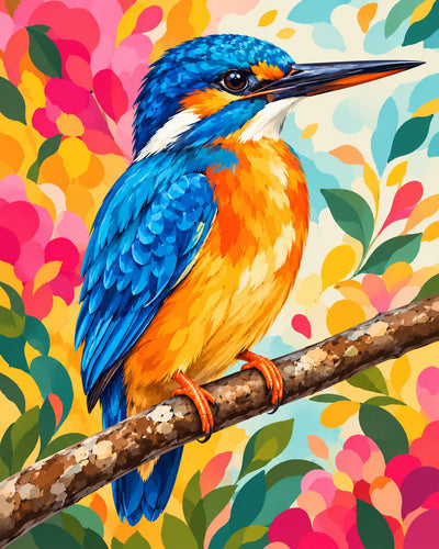 Vibrant digital illustration of a kingfisher perched on a branch, with bright blue and orange feathers against a colorful floral background. Vibrant Kingfisher - Diamond Painting
