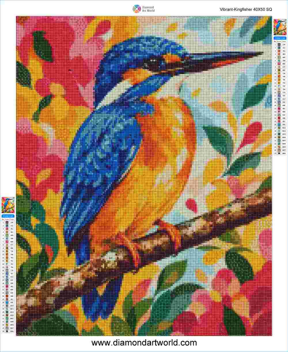 A colorful diamond painting canvas design of a kingfisher perched on a branch, with a vibrant floral background. The brand name 'Diamond Art World' is visible at the top and bottom of the image. Vibrant Kingfisher - Diamond Painting Layout