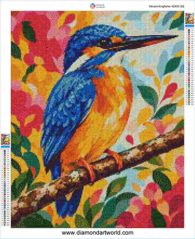 A colorful diamond painting canvas design of a kingfisher perched on a branch, with a vibrant floral background. The brand name 'Diamond Art World' is visible at the top and bottom of the image. Vibrant Kingfisher - Diamond Painting Layout