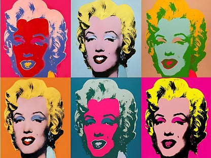 Six colorful portraits of a famous actress with a pop art style. Warhol Marilyn Monroe - Diamond Painting