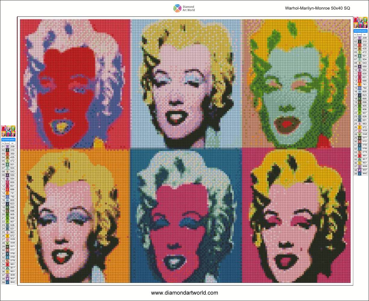 Diamond painting of Marilyn Monroe's face in a colorful grid pattern. Warhol Marilyn Monroe - Diamond Painting Layout