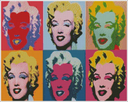 Grid of colorful portraits resembling Andy Warhol's style, featuring a central figure. Warhol Marilyn Monroe - Diamond art