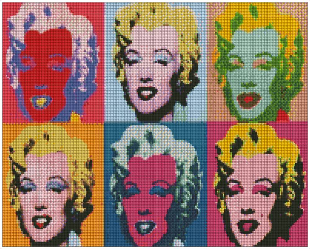 Grid of colorful portraits resembling Andy Warhol's style, featuring a central figure. Warhol Marilyn Monroe - Diamond art