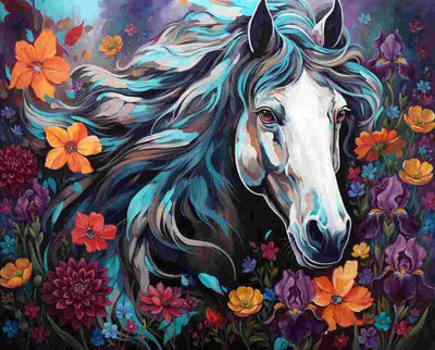 A colorful digital painting of a white horse with flowing blue and black mane, surrounded by a dense field of orange, red, purple, and blue flowers. Watercolor Horse - Diamond Painting