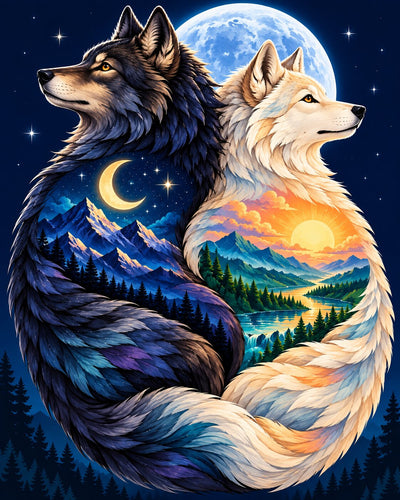 A stylized digital artwork showing two wolves facing each other, one dark blue/black with a night-sky and mountain scene inside, and one cream/white with a sunset and lake scene inside. A large moon and starry night sky fill the background. Wolf Couple - Diamond painting