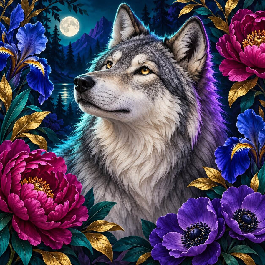 Wolf in Flowers Fantasy – Diamond Painting