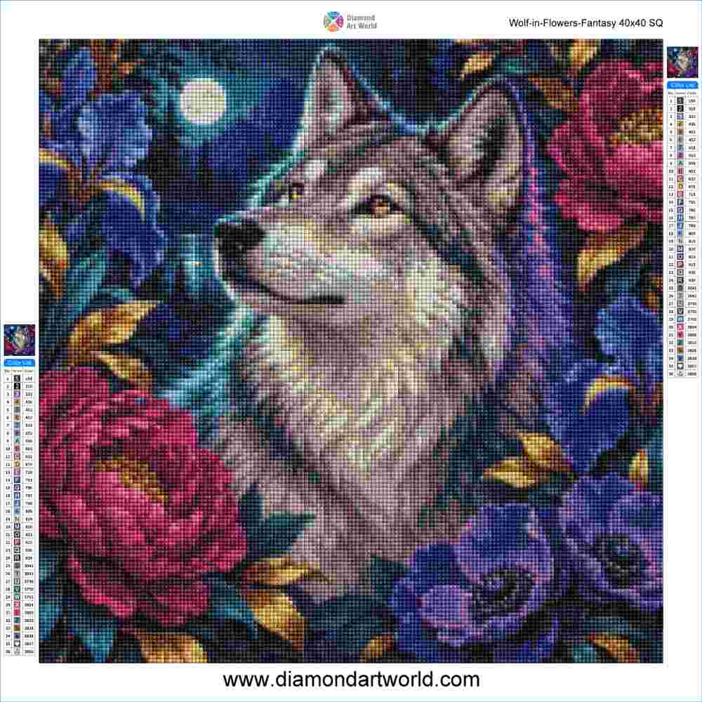 Wolf in flowers fantasy - Diamond Painting Layout