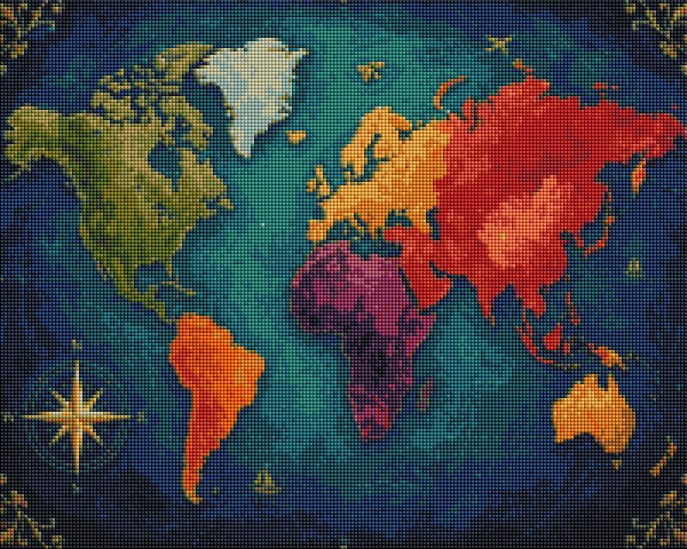 A colorful world map artwork with continents in red, orange, yellow, green, purple, and white tones on a dark blue textured background, framed by a decorative border. World Map - Diamond Painting