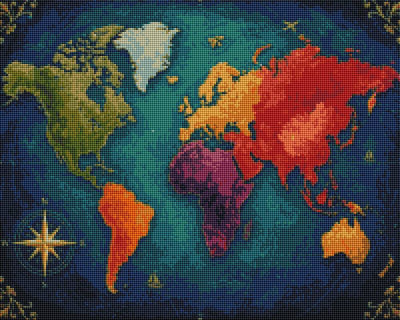A colorful world map artwork with continents in red, orange, yellow, green, purple, and white tones on a dark blue textured background, framed by a decorative border. World Map - Diamond Painting