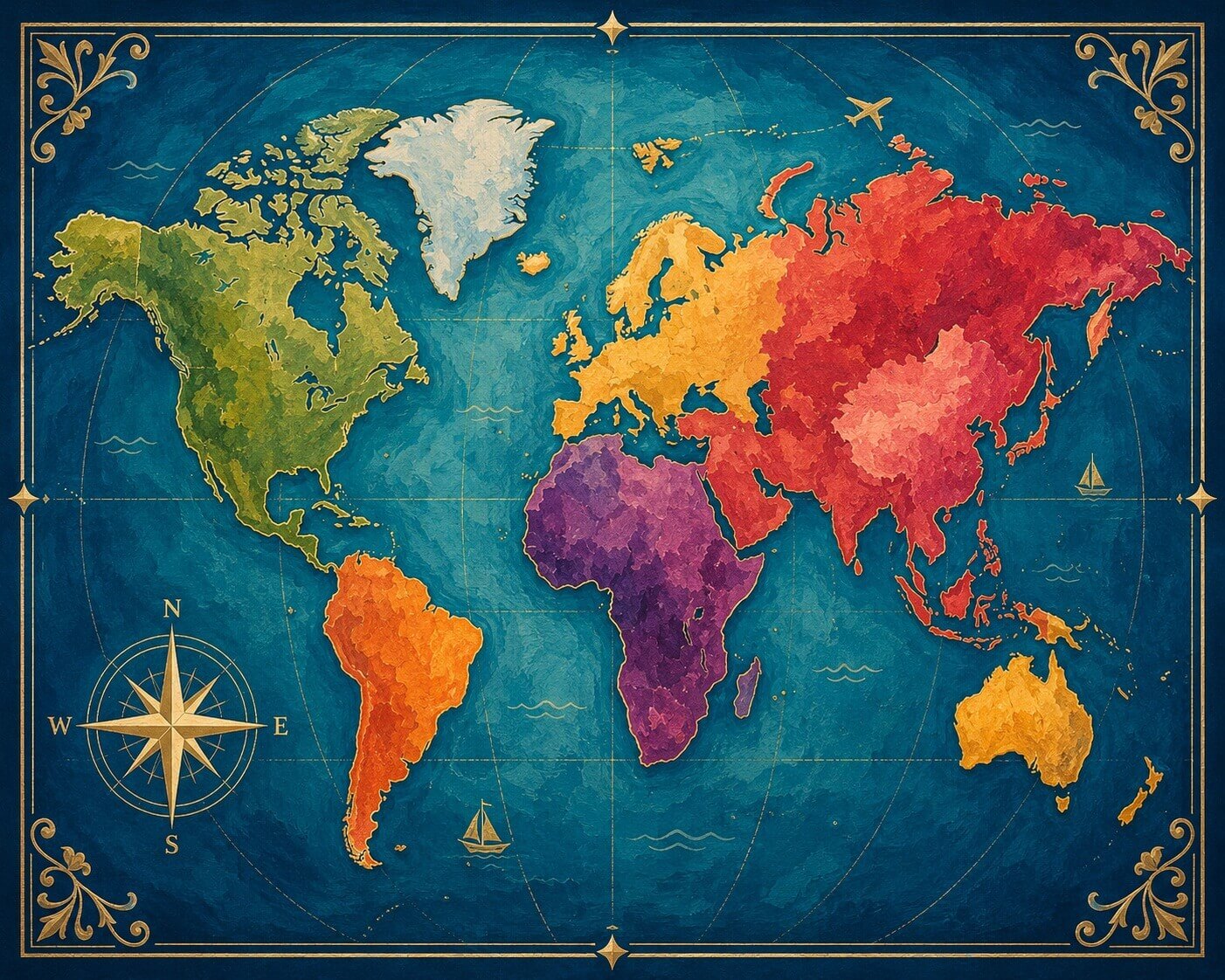A vintage-style world map poster with watercolor-like continents in green, orange, yellow, purple, and red on a textured dark blue background, framed by ornate gold corner flourishes and a compass rose. World Map - Diamond Painting