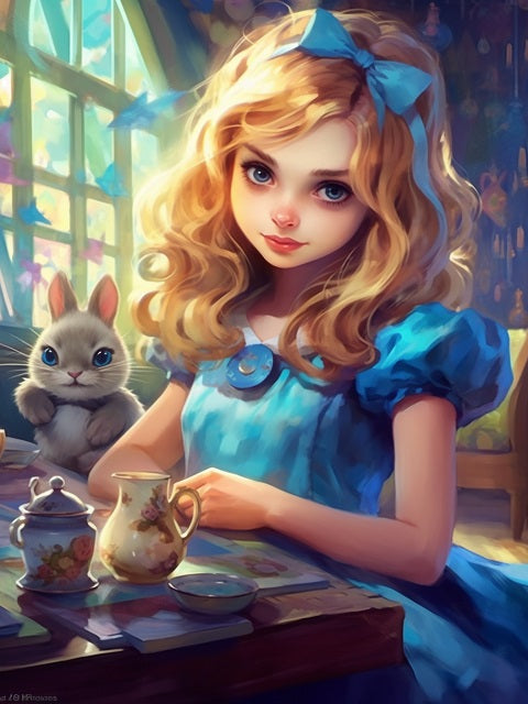 Illustration of a girl in a blue dress with a cat at a tea party table. Alice in Wonderland - Diamond Painting
