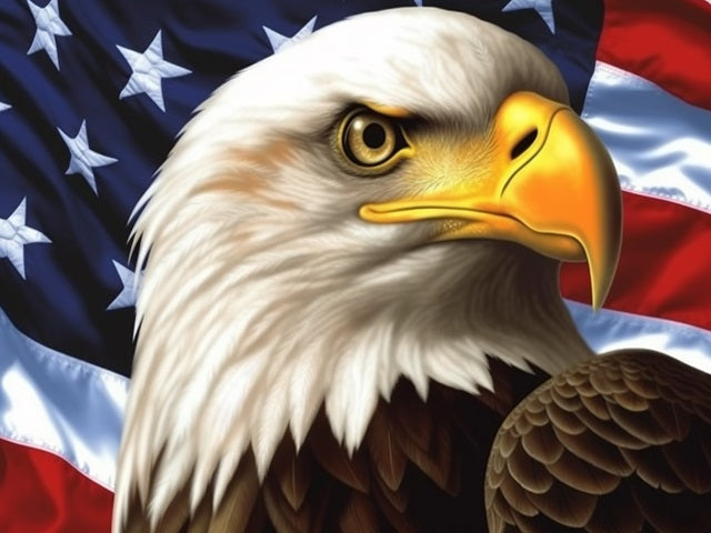 A close-up illustration of a bald eagle in front of an American flag background, with the eagle's white head, yellow beak, brown feathers, and the red, white, and blue flag visible behind it. American Flag Eagle - Diamond Painting