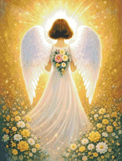 Angel with wings holding flowers in a field of flowers. Angel of the Garden - Diamond Art AB drills