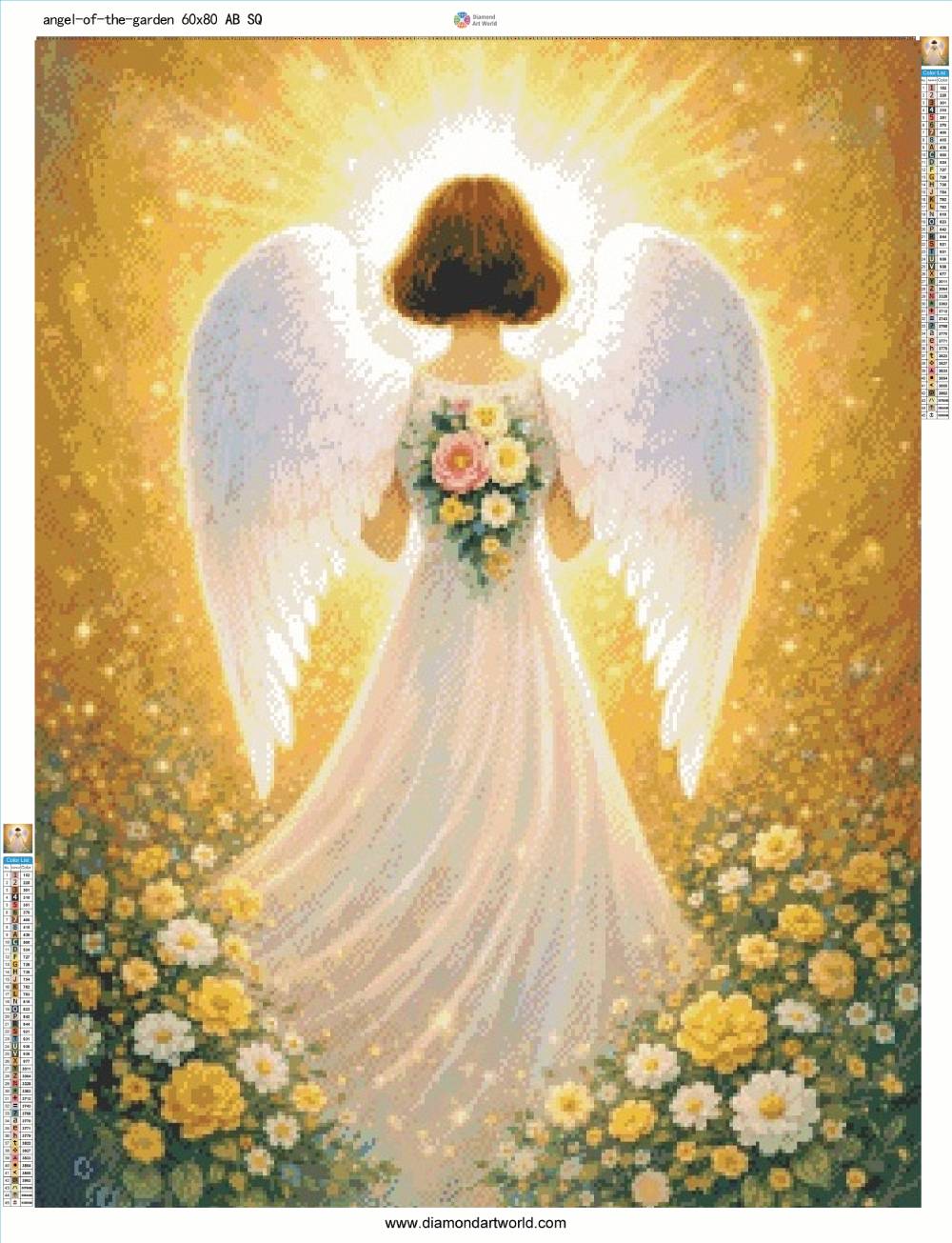 Angel with white wings holding flowers in a garden setting. Angel of the Garden - Diamond Painting Layout AB drills