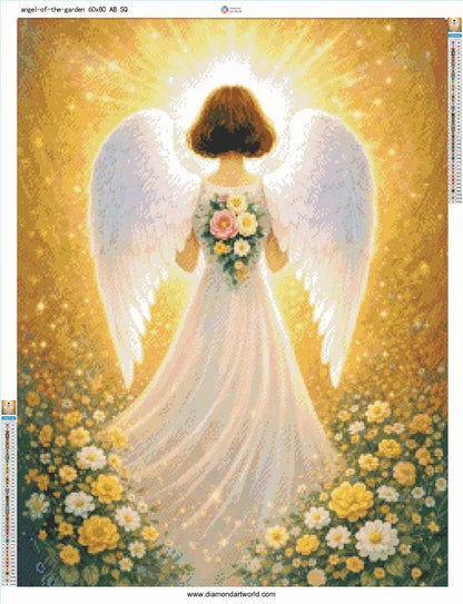 Angel with white wings holding flowers in a garden setting. Angel of the Garden - Diamond Painting Layout AB drills