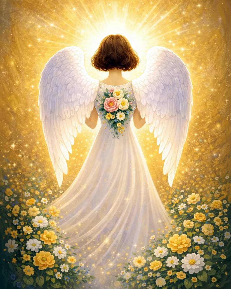 Angel with white wings and a floral dress standing in a field of flowers with a bright light behind. Angel of the Garden - Diamond Painting AB drills