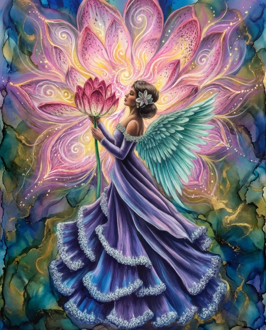 Fantasy illustration of a woman with angel wings holding a pink flower against a colorful background. Angel with Flower - Diamond Painting
