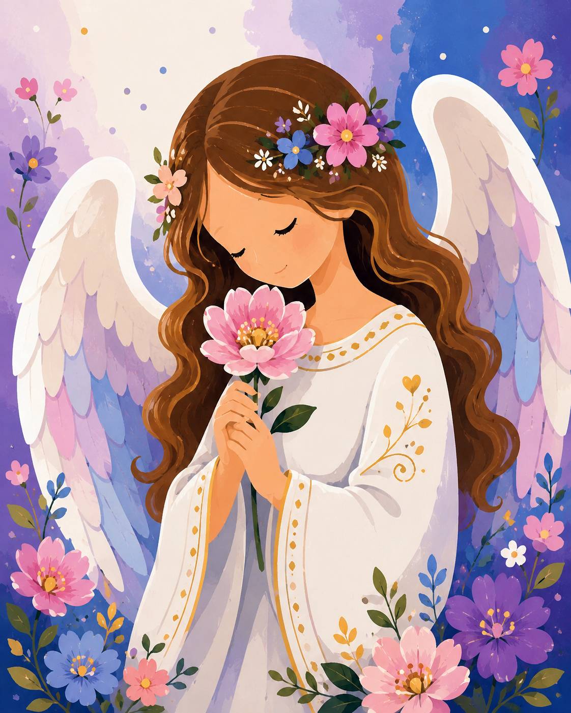 Angel holding a pink flower with a colorful floral background. Angel with Flower - Diamond Painting