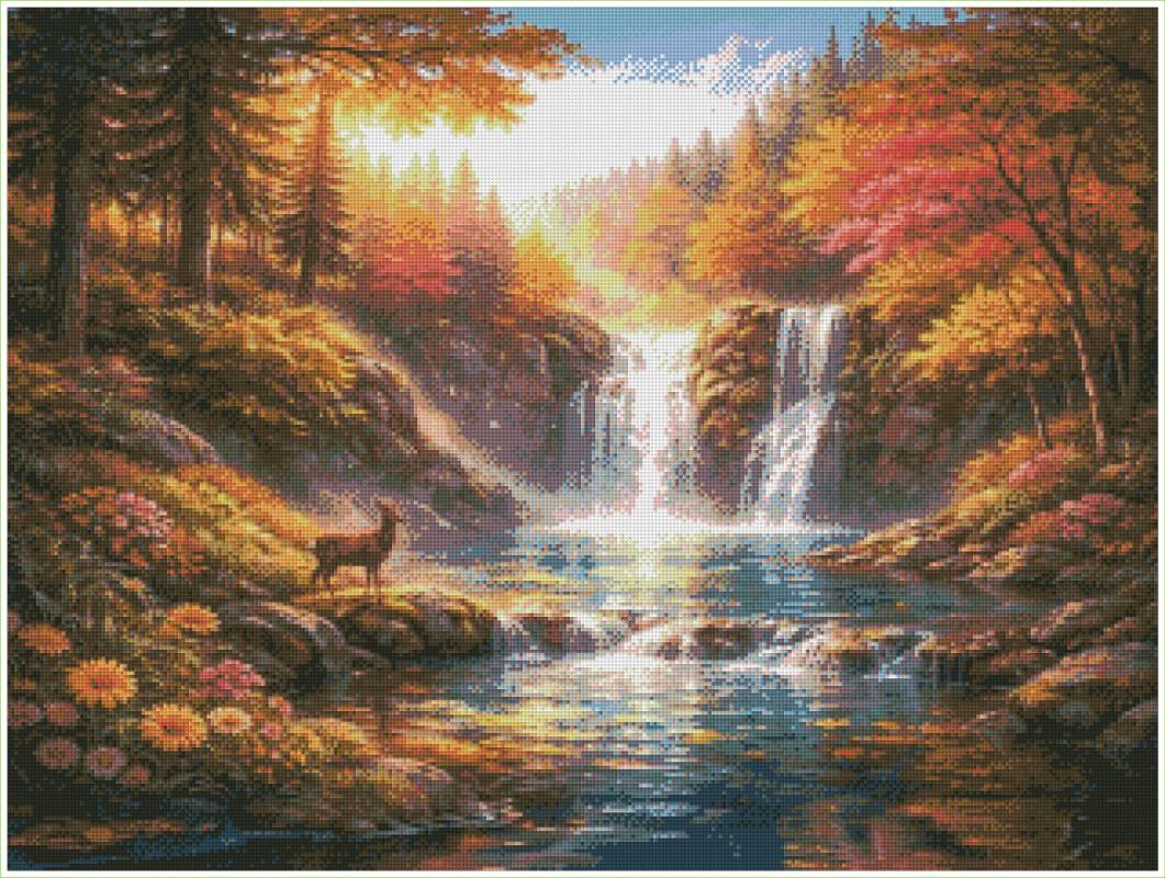 Scenic landscape with a waterfall, deer, and colorful foliage in a forest setting. Autumn Waterfalls - Diamond Art