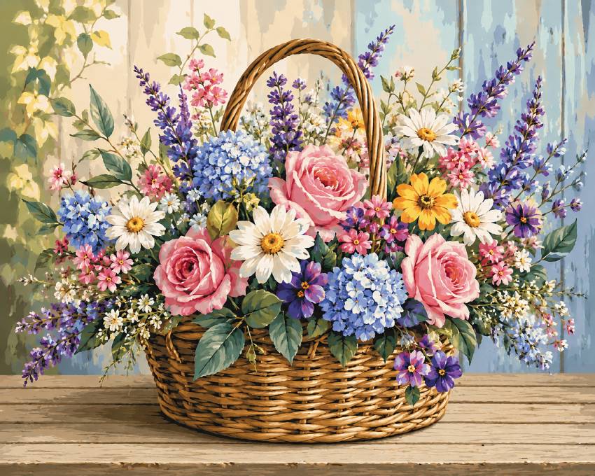Wicker basket filled with a colorful assortment of flowers on a wooden surface. Basket Full of Flowers - Diamond Painting