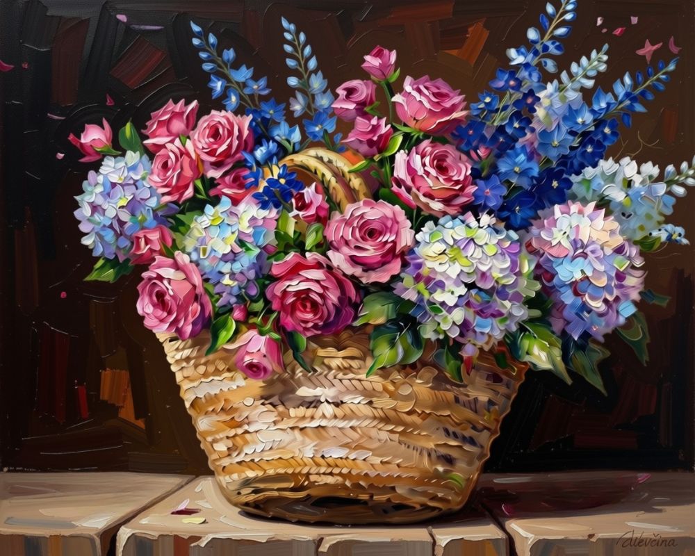 A colorful still life painting of a woven basket overflowing with pink roses, blue delphiniums, lavender, and white flowers, set against a dark brown background. Basket Full of Flowers - Diamond Painting