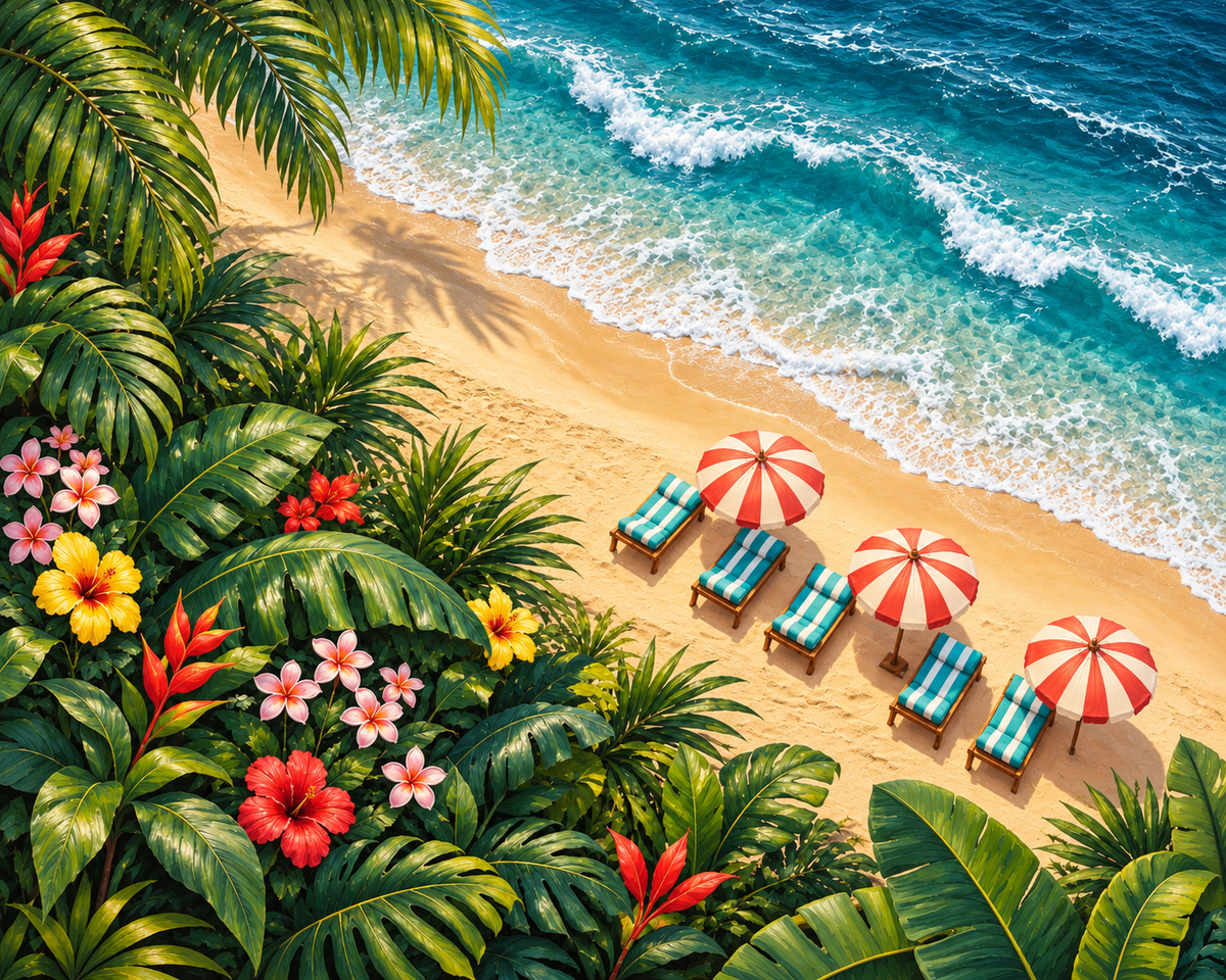 A tropical beach scene with turquoise ocean waves, white sand, palm trees, colorful flowers, and four striped beach umbrellas beside matching lounge chairs. Beautiful Beach - Diamond Painting