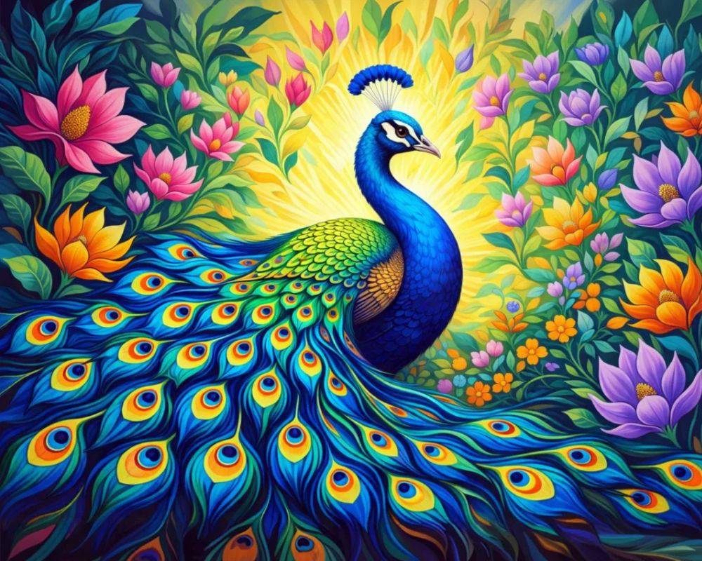Colorful peacock surrounded by flowers in a vibrant garden setting. Beautiful Peacock - Diamond Painting