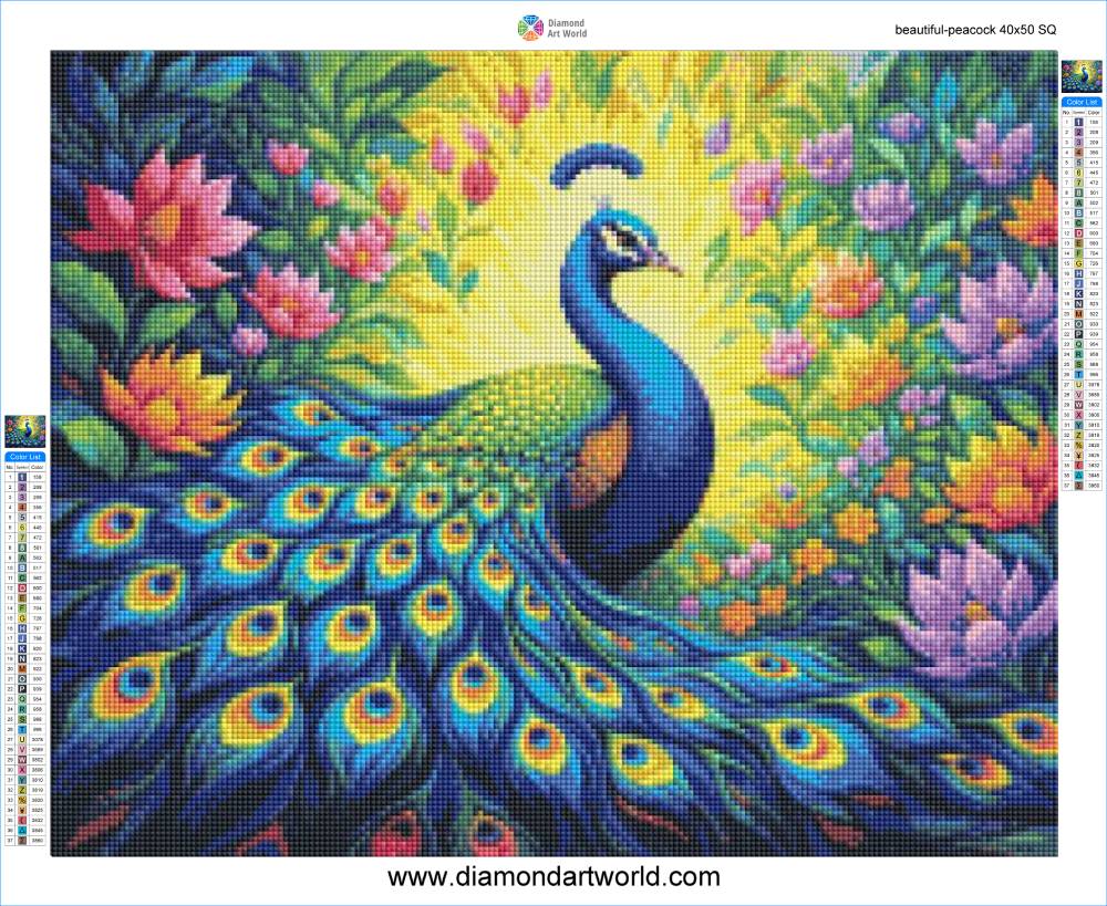 Colorful diamond painting of a peacock with flowers in the background. Beautiful Peacock - Diamond Painting Layout