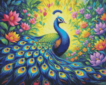 Peacock with a vibrant tail in a floral garden. Beautiful Peacock - Diamond Art