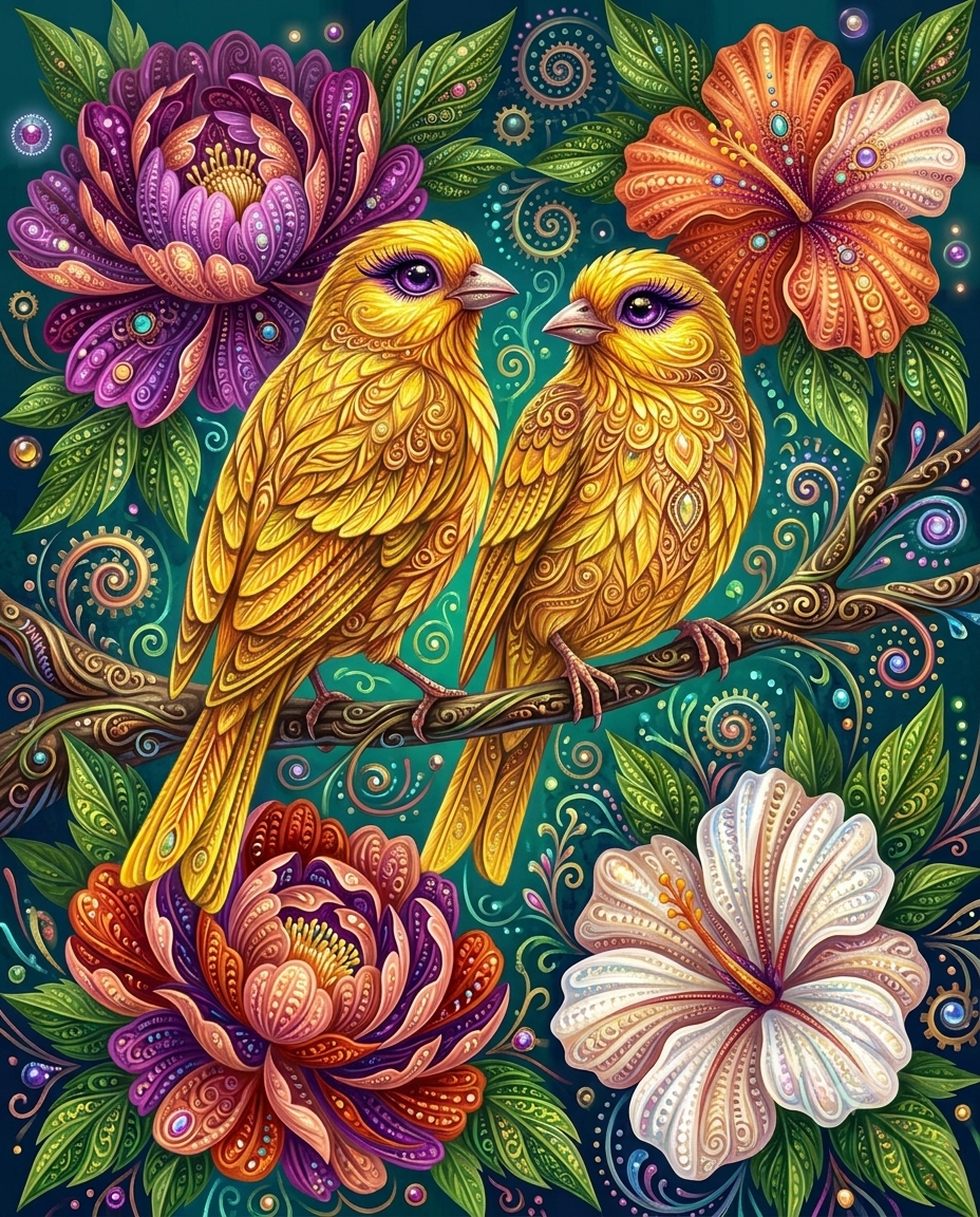 Colorful illustration of two yellow birds on a branch with flowers and leaves. Yellow Birds in Flowers - Diamond Painting