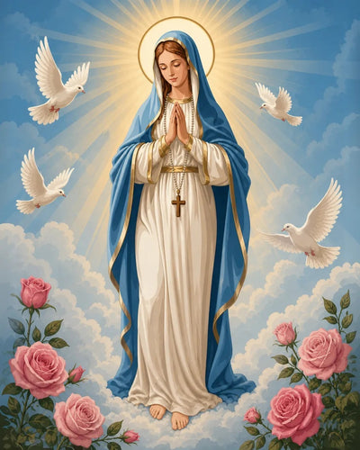 Religious art print of the Virgin Mary standing on clouds with a blue cloak, white gown, rosary, and gold cross, surrounded by white doves and pink roses against a blue sky. Assumption of Mary - Diamond Painting