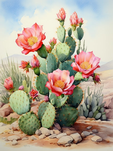 Blooming Opuntia Cactus – Diamond Painting