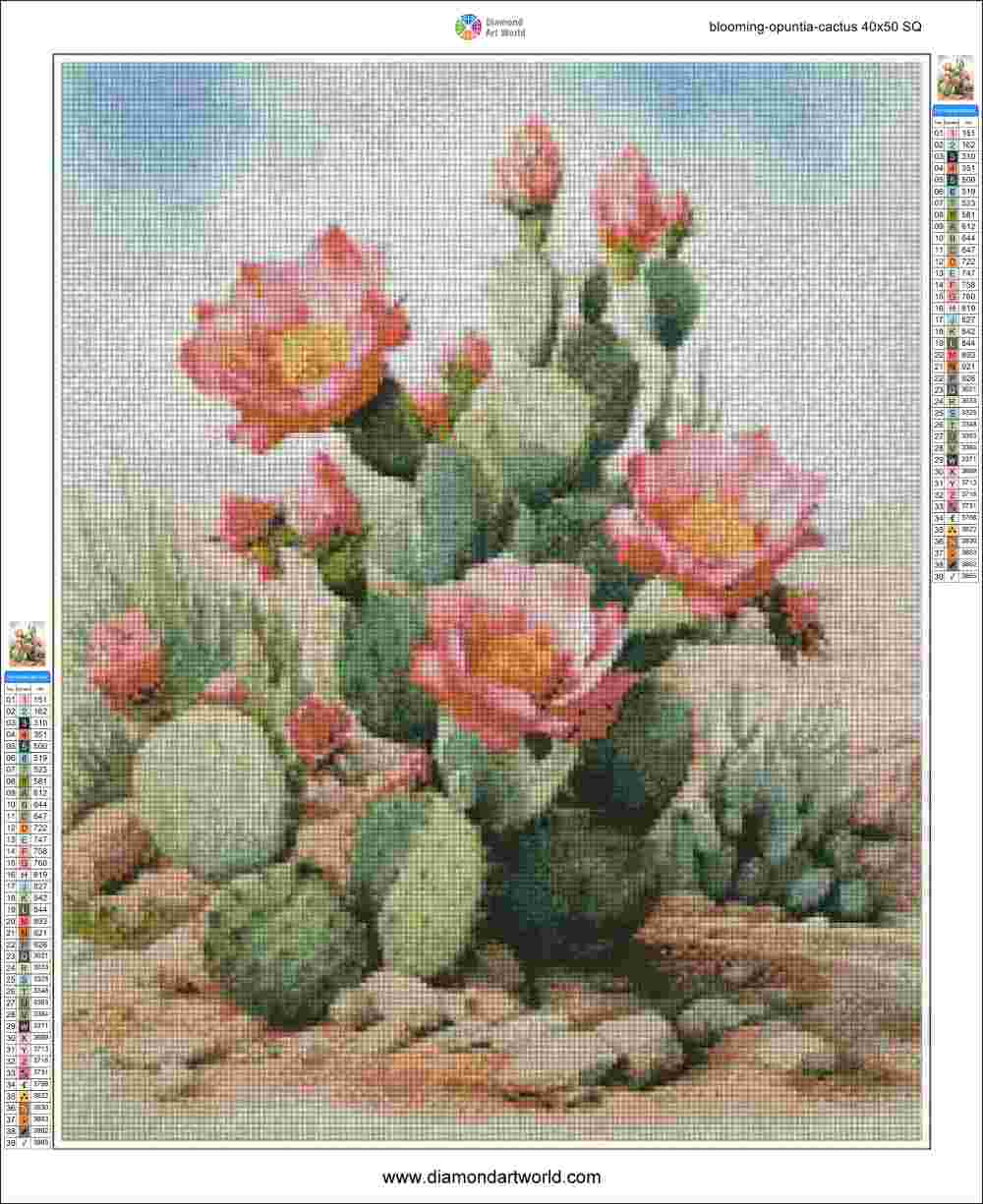 Blooming Opuntia Cactus - Diamond Painting Layout