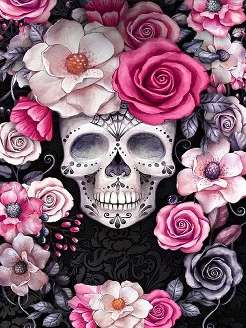 A sugar skull surrounded by an intricate border of pink, magenta, and lavender roses with dark green leaves on a black damask background. Boho Skull and Roses - Diamond Painting