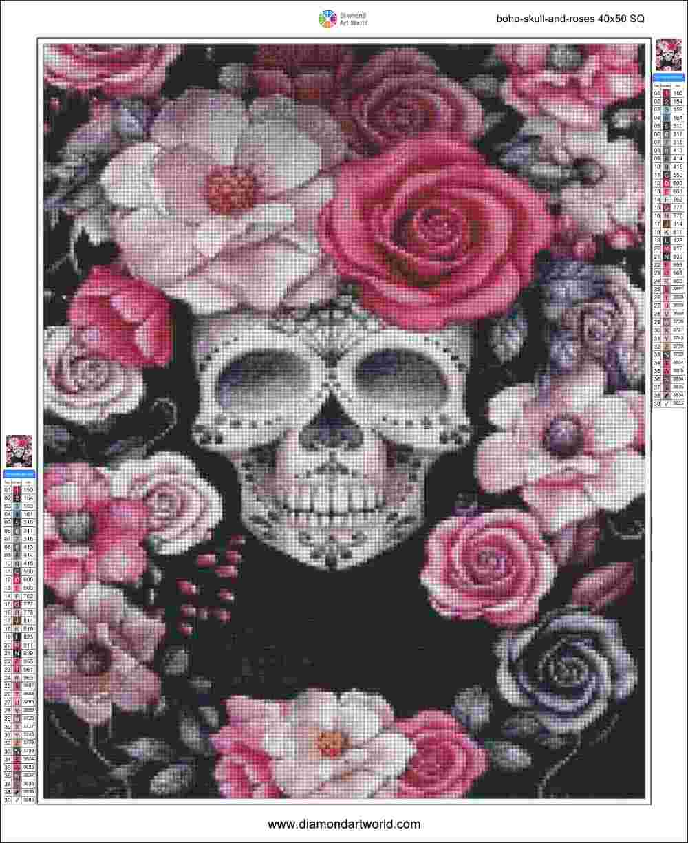 Boho Skull and Roses - Diamond Painting Layout