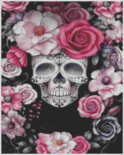 A floral and skull artwork featuring a central white decorative skull surrounded by large pink, white, and purple roses on a black background. Boho Skull and Roses - Diamond Art