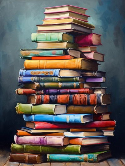 A colorful painting of a tall stack of vintage hardcover books in various shades of blue, green, yellow, red, purple, and brown, set against a dark textured background. Books to Read - Diamond Painting
