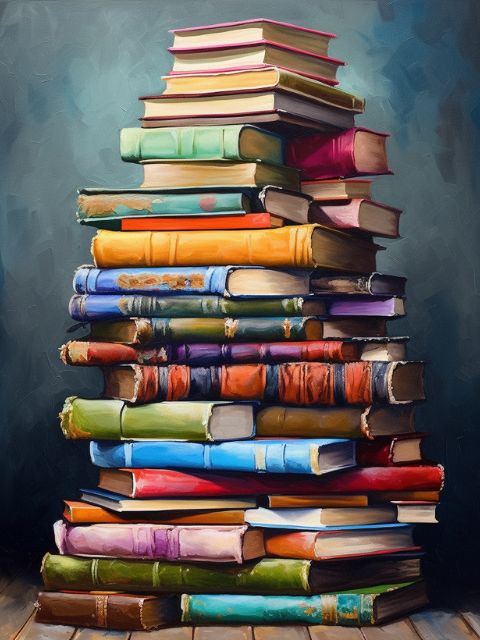 A colorful painting of a tall stack of vintage hardcover books in various shades of blue, green, yellow, red, purple, and brown, set against a dark textured background. Books to Read - Diamond Painting