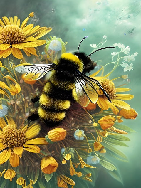 A digital art print depicting a large bumblebee with yellow and black stripes pollinating bright yellow daisy-like flowers against a soft, misty green background. Bumblebee Amongst Yellow Blossoms Diamond Painting