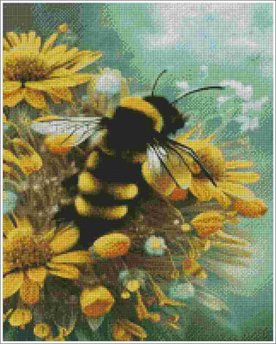 A close-up floral scene featuring a black and yellow bumblebee perched on yellow flowers against a soft green and blue background. Bumblebee Amongst Yellow Blossoms Diamond Art