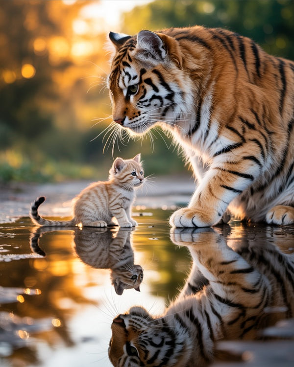 Tiger and kitten standing by a water body with a blurred natural background. Cat and Tiger - Diamond painting