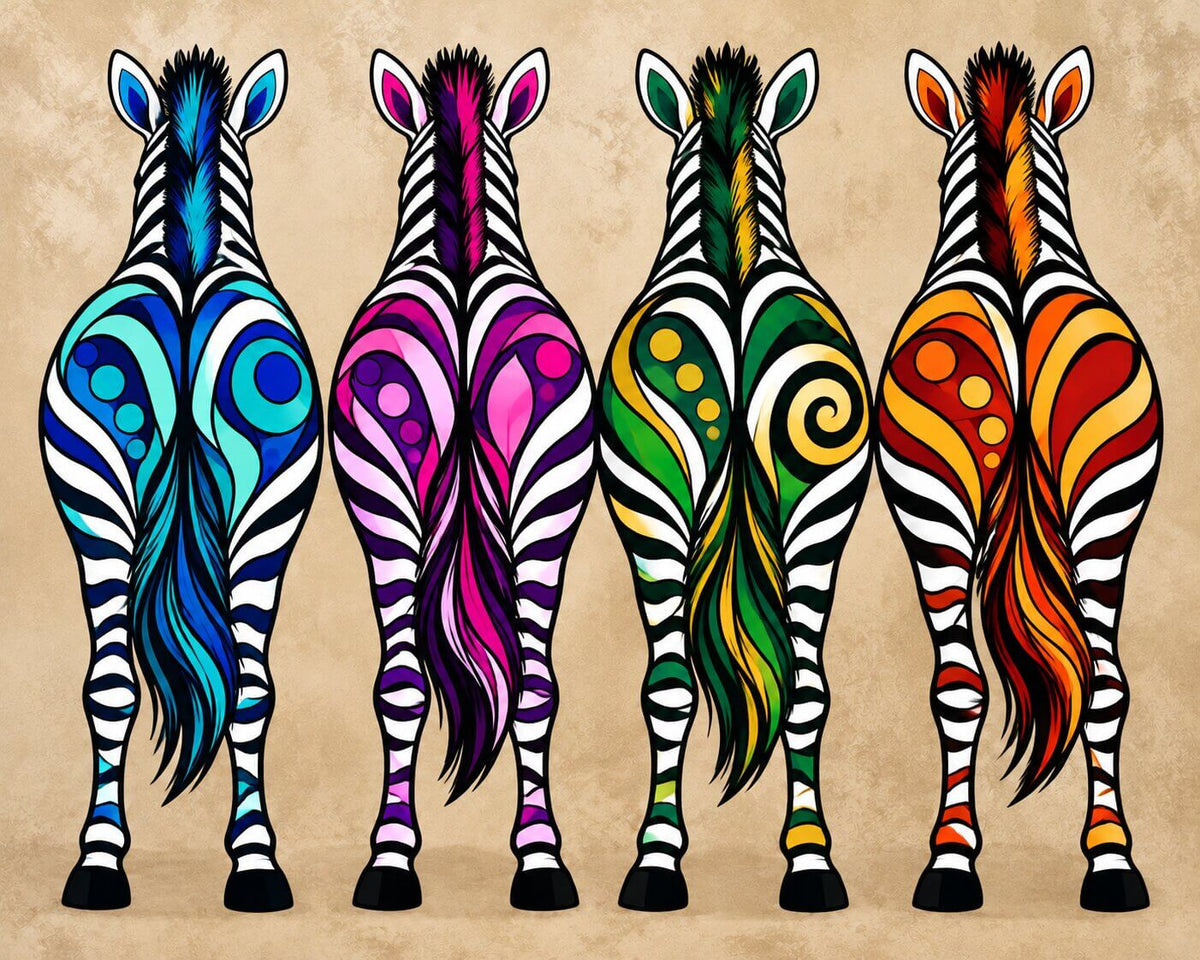 Four stylized zebra backs shown from behind, each decorated with a different bright color pattern on a textured beige background. Color Zebras - Diamond Painting