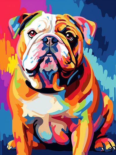Colorful bulldog painting on a multicolored background. Colorful Bulldog - Diamond painting