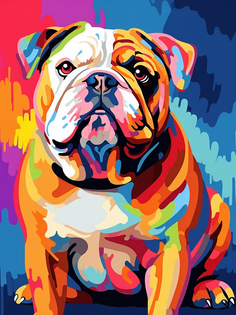 Colorful bulldog painting on a multicolored background. Colorful Bulldog - Diamond painting
